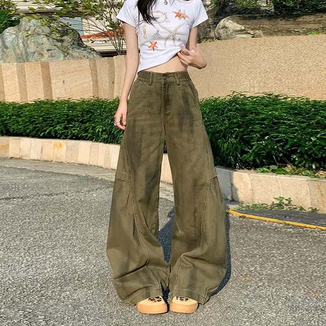 玫丝朵 美式复古宽松弯刀裤高腰阔腿牛仔裤 女款