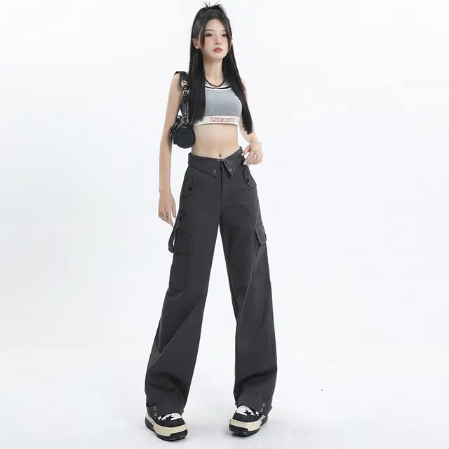 玫丝朵 美式街头高腰翻边腰头设计宽松直筒工装休闲裤 女款 灰色
