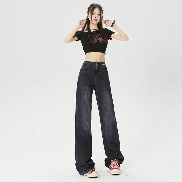 玫丝朵 美式复古高街直筒舒适百搭设计感牛仔裤 女款