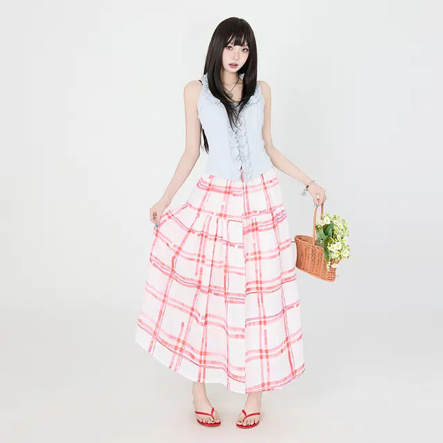 玫丝朵 简约时尚百搭温柔格纹拼接休闲长裙 女款