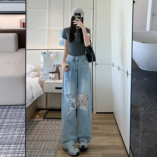 玫丝朵 美式辣妹破洞蕾丝高腰宽松百搭直筒牛仔裤 女款