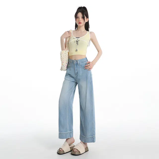 玫丝朵 薄款高腰垂感阔腿裤百搭宽松休闲牛仔裤 女款