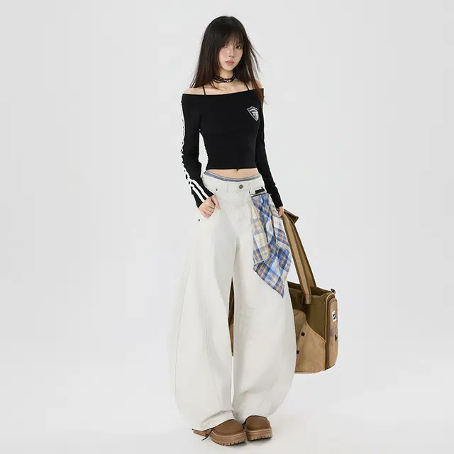 玫丝朵  美式复古高街风小众拼接设计低腰宽松阔腿弯刀牛仔裤 女款