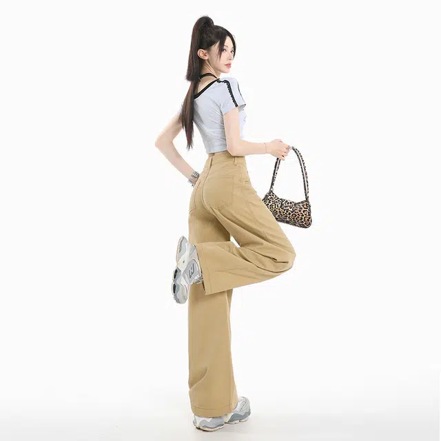 玫丝朵 美式复古高腰宽松弯刀直筒百搭阔腿牛仔裤 女款