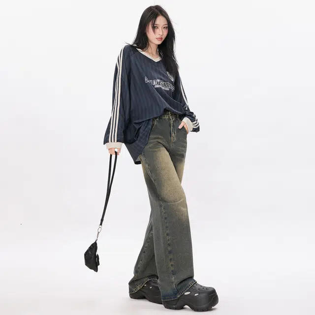 玫丝朵 做旧高腰宽松阔腿裤简约设计感牛仔裤 女 怀旧蓝