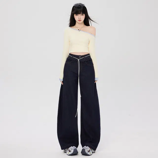 玫丝朵 美式复古拼接设计感高腰宽松显瘦垂感拖地阔腿牛仔裤 女款