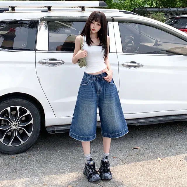玫丝朵 美式复古低腰百搭直筒牛仔短裤 女款