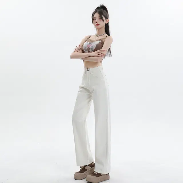 玫丝朵 垂感拖地纯色宽松百搭舒适简约牛仔裤 女款 白色