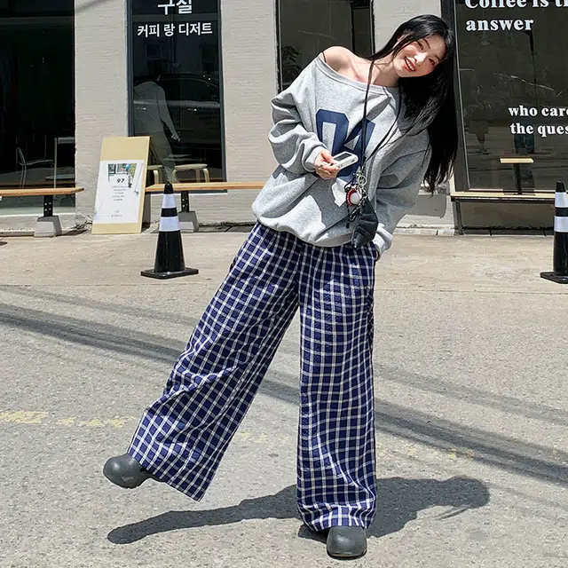 花蔓色 美式复古慵懒风格子设计拖地裤休闲裤 女款
