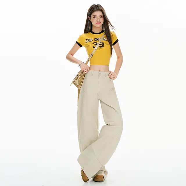 玫丝朵 经典百搭复古高腰显瘦宽松镰刀裤直筒拼接设计阔腿牛仔裤 女款