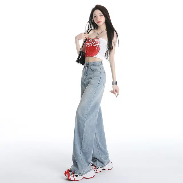 玫丝朵 美式复古直筒高腰宽松牛仔裤 女款