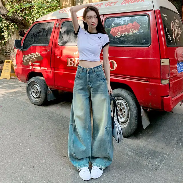 玫丝朵 美式重工拼接扎花宽松弯刀裤慵懒镰刀宽松休闲牛仔裤 女款