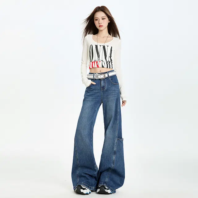 玫丝朵 韩系新潮慵懒风通勤百搭简约立体裁剪侧口袋高腰宽松阔腿牛仔裤 女款