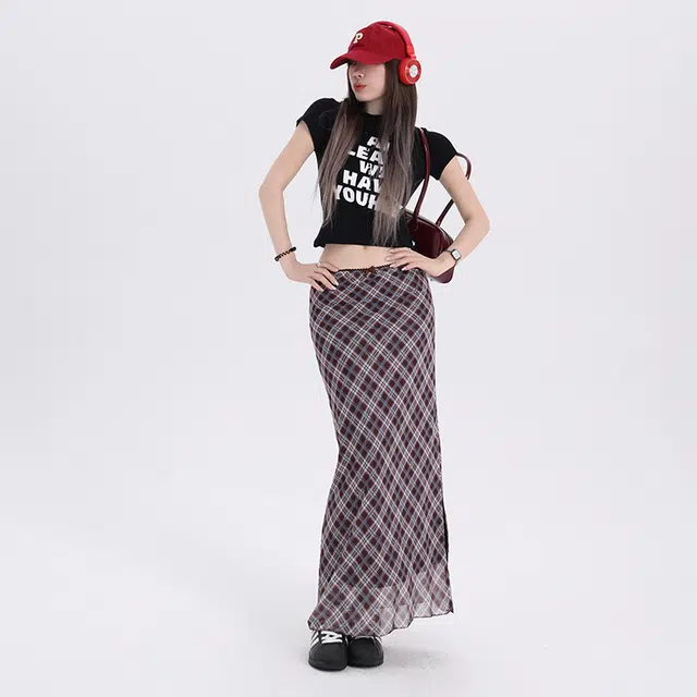 玫丝朵 格子中长款自然腰休闲长裙 女款 蓝青格纹