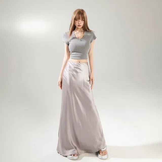 玫丝朵 流光极简丝滑垂感半身裙百搭修身休闲长裙 女款 紫色