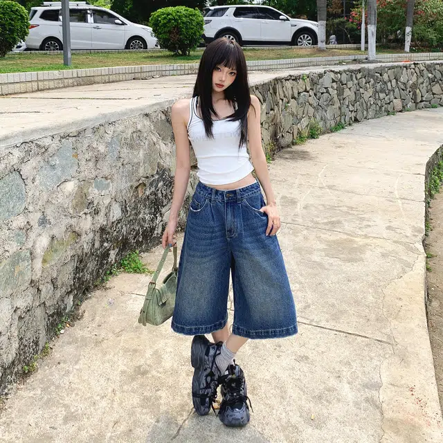 玫丝朵 美式复古低腰百搭直筒牛仔短裤 女款