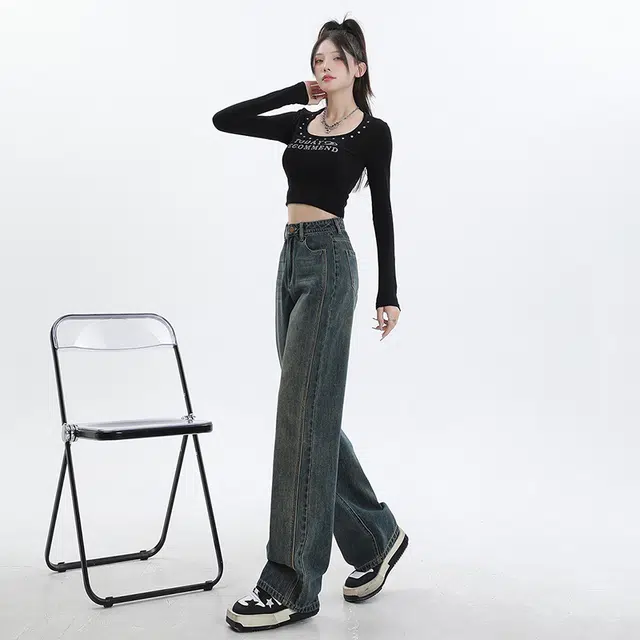 玫丝朵 美式复古百搭高腰宽松阔腿长裤牛仔裤 女款 洗水黄