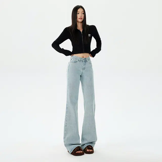 玫丝朵 复古直筒高腰宽松垂感拖地牛仔裤 女款 浅蓝色