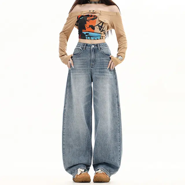 玫丝朵 美式复古潮流百搭流行高腰宽松直筒大口袋个性设计弯刀阔腿舒适牛仔裤 女款
