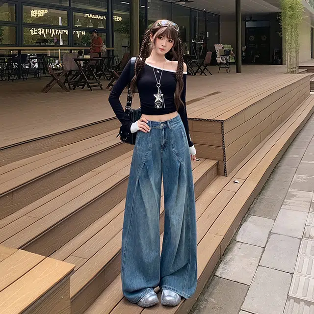 玫丝朵 美式复古辣妹宽松褶皱设计阔腿时尚百搭休闲直筒舒适牛仔裤 女款