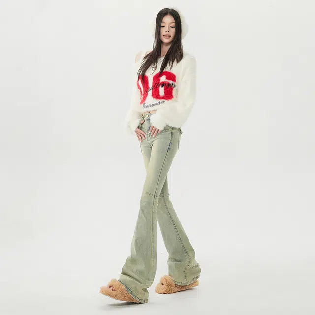 玫丝朵 美式辣妹修身喇叭高腰设计感牛仔裤 女款