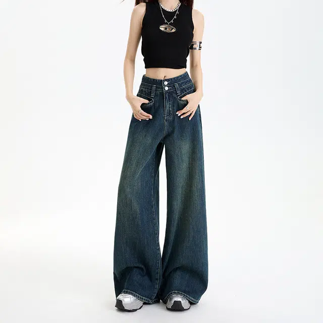 玫丝朵 美式复古超柔宽松高腰提臀百搭阔腿拖地牛仔裤 女款 普鲁士蓝