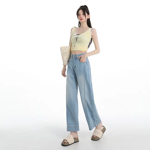 玫丝朵 薄款高腰垂感阔腿裤百搭宽松休闲牛仔裤 女款