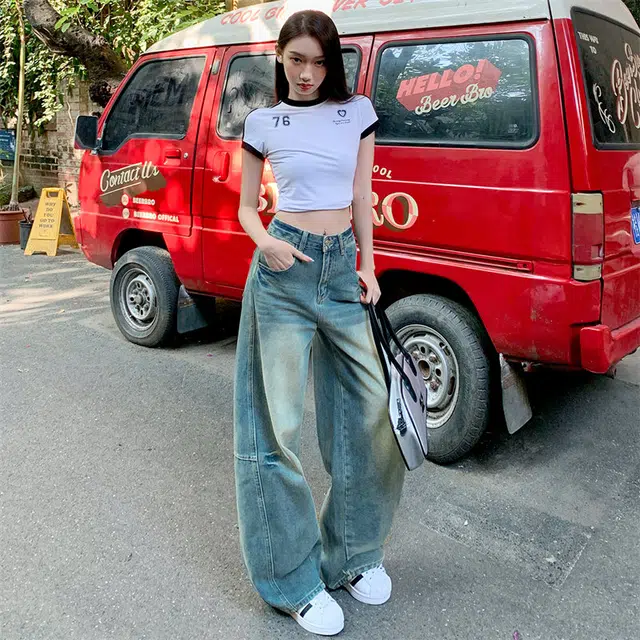 玫丝朵 美式重工拼接扎花宽松弯刀裤慵懒镰刀宽松休闲牛仔裤 女款