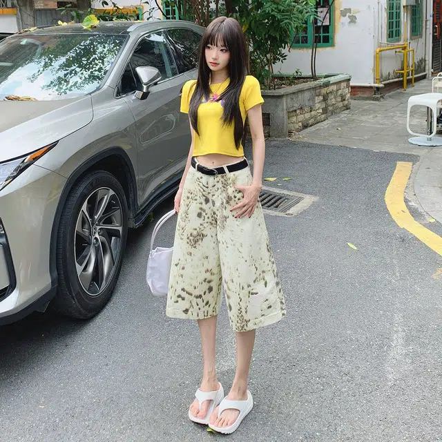 玫丝朵 小众美式豹纹阔腿宽松高腰牛仔短裤 女款