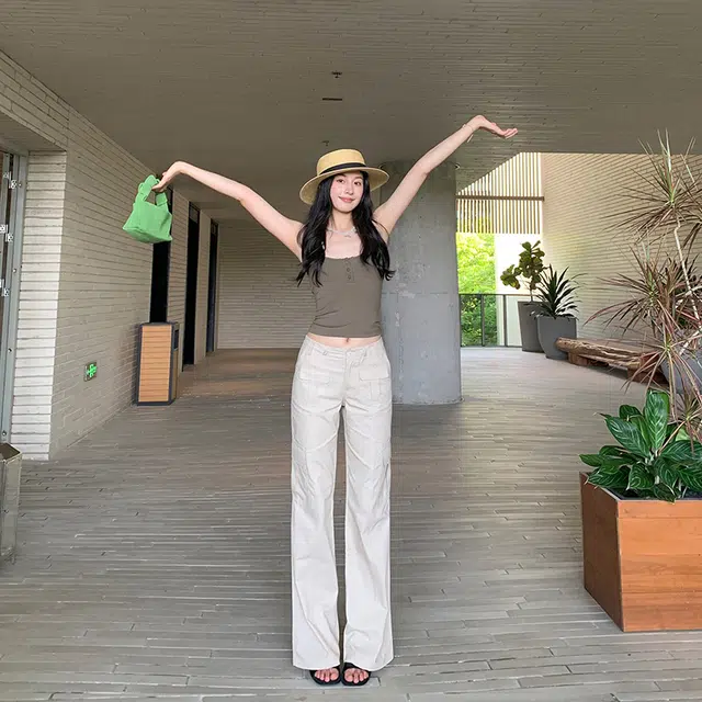 玫丝朵 美式复古腰部可调节多口袋设计时尚百搭宽松直筒舒适工装休闲裤 女款