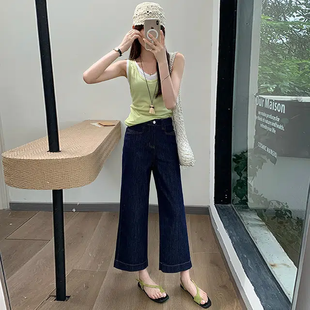 玫丝朵 时尚纯色简约舒适高腰阔腿牛仔裤 女款