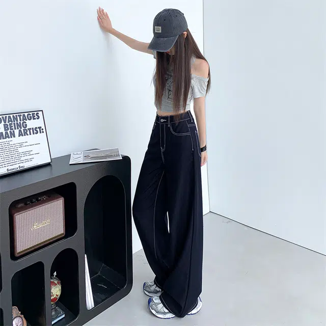 玫丝朵 阔腿高腰垂感薄款宽松百搭牛仔裤  女款