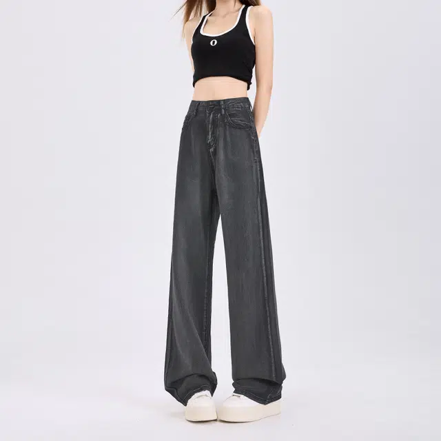 玫丝朵 百搭宽松高腰阔腿牛仔裤 女款 高级灰