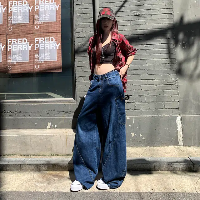 玫丝朵 日系少年感街头弯刀拼接牛仔裤 女款