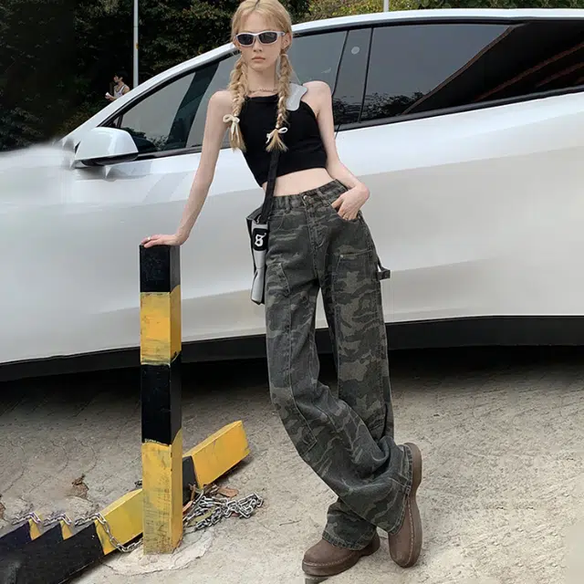 玫丝朵 美式复古高街宽松直筒阔腿工装牛仔裤 女款 迷彩色