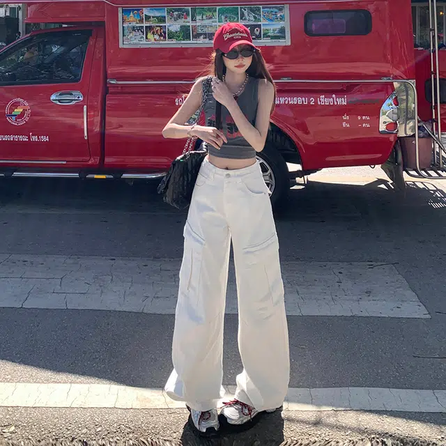 玫丝朵 美式复古高街宽松阔腿大口袋百搭直筒工装牛仔裤 女款