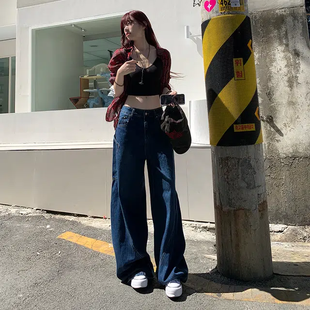 玫丝朵 日系少年感街头弯刀拼接牛仔裤 女款
