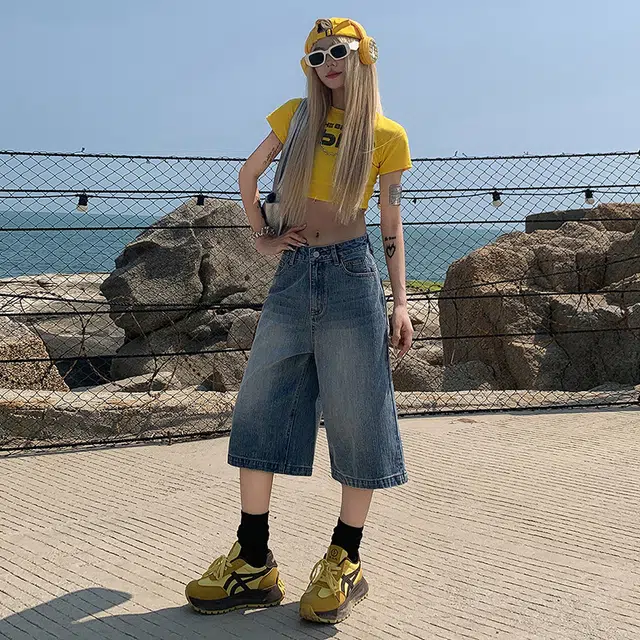 玫丝朵 美式宽松阔腿百搭垂感简约牛仔短裤 女款