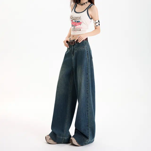 玫丝朵 美式宽松简约百搭阔腿牛仔裤 女款