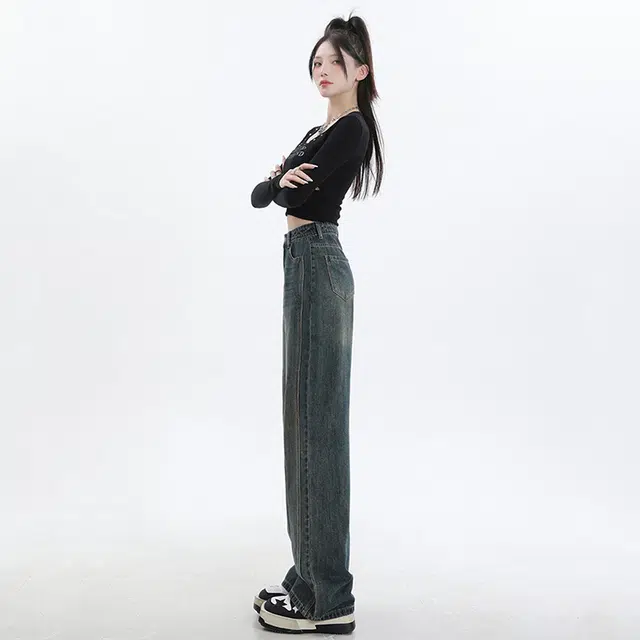 玫丝朵 美式复古百搭高腰宽松阔腿长裤牛仔裤 女款 洗水黄