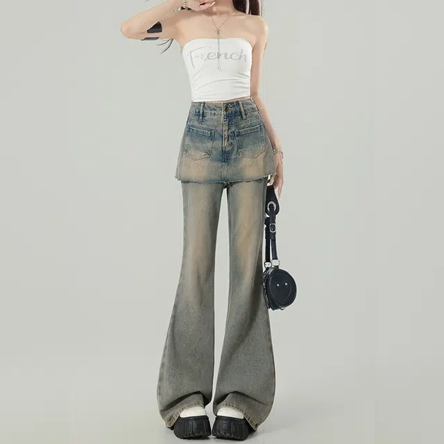 玫丝朵 美式怀旧小众假两件设计喇叭裤女夏季时尚百搭直筒垂感拖地牛仔裤 女款