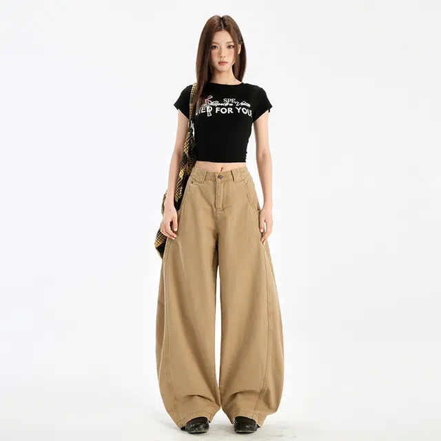 玫丝朵 美式复古学院风百搭高腰宽松阔腿弯刀牛仔裤 女款