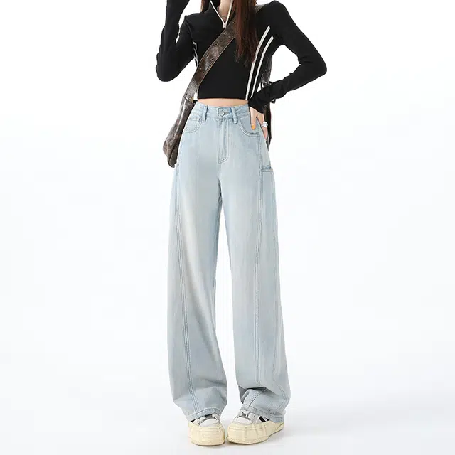 玫丝朵 复古百搭潮流特色口袋设计高腰弯刀阔腿宽松拖地牛仔裤 女款