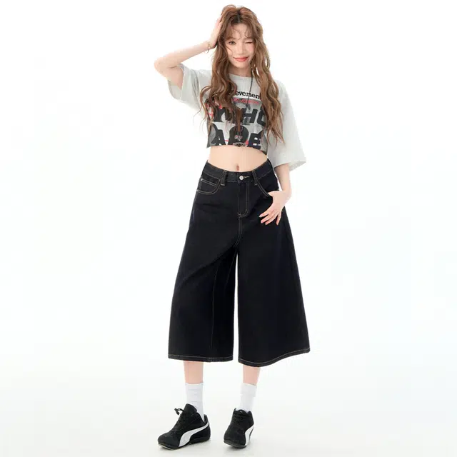 玫丝朵 美式显瘦宽松阔腿高腰百搭牛仔短裤 女款