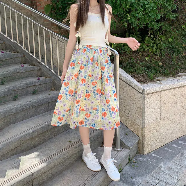 玫丝朵 复古高腰碎花半身裙花卉伞裙百搭百褶法式浪漫休闲长裙 女款