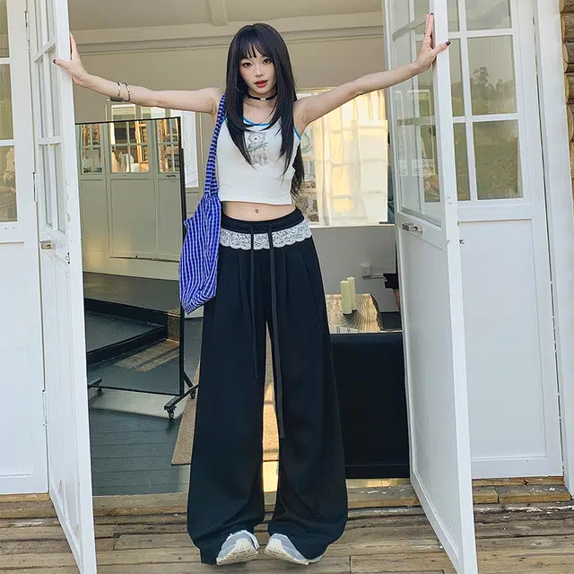 玫丝朵 复古气质蕾丝花边拼接撞色设计高级垂感抽绳慵懒风休闲裤 女款