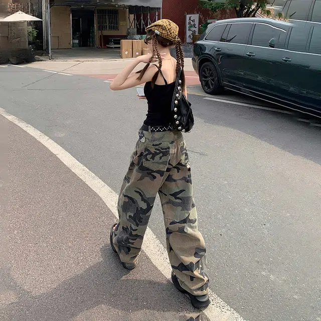 玫丝朵 美式复古高腰迷彩设计时尚百搭宽松直筒阔腿牛仔裤 女款