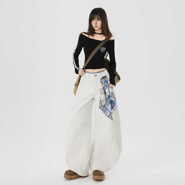玫丝朵  美式复古高街风小众拼接设计低腰宽松阔腿弯刀牛仔裤 女款