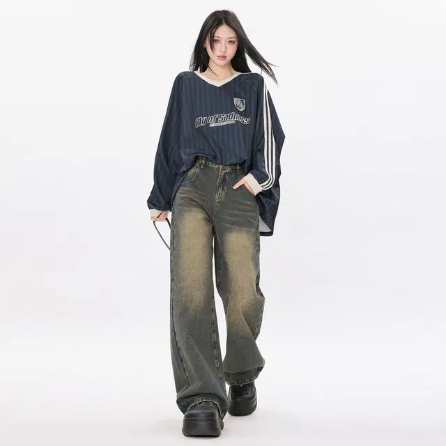 玫丝朵 做旧高腰宽松阔腿裤简约设计感牛仔裤 女 怀旧蓝