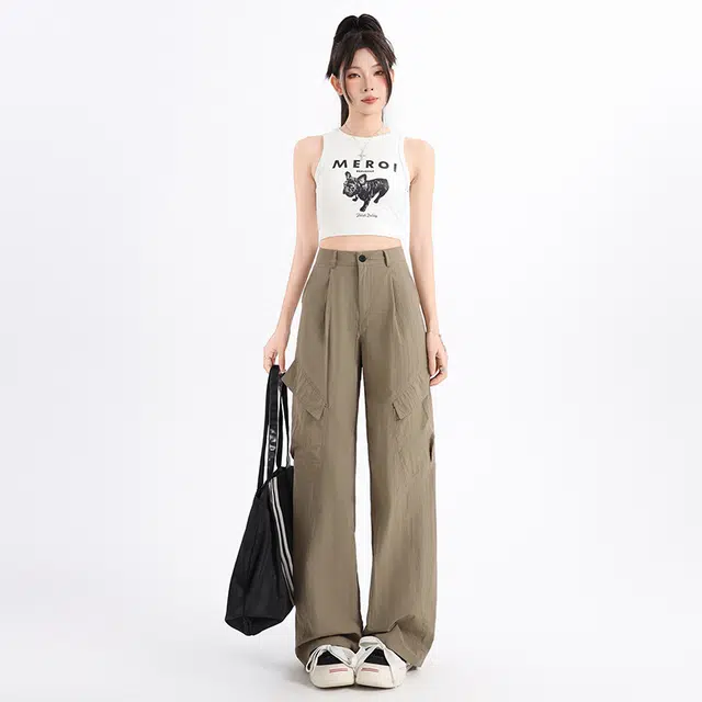 玫丝朵 美式复古街头夏季多巴胺高腰垂感宽松阔腿休闲裤 女款